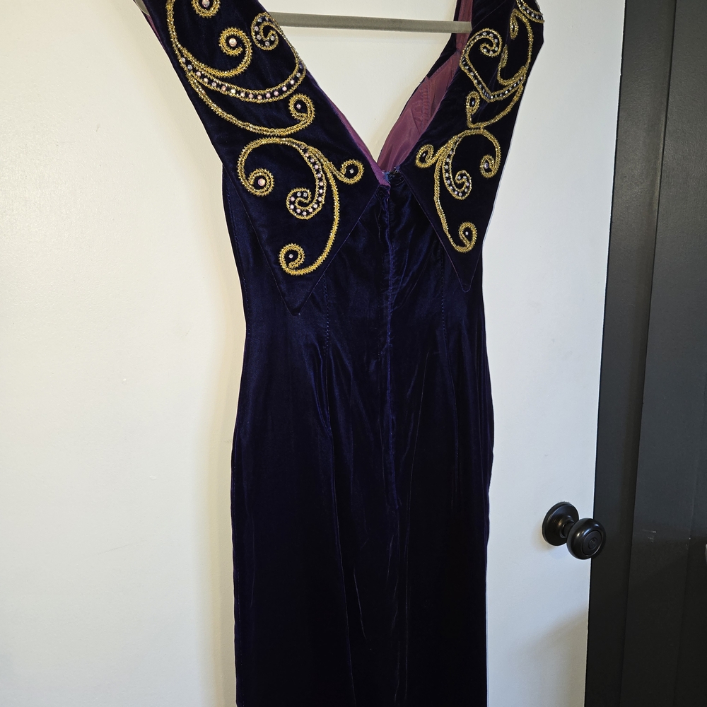 Vintage Mike Benet Backless Purple Velvet Dress with Gold Beaded Accents - Picture 3 of 6